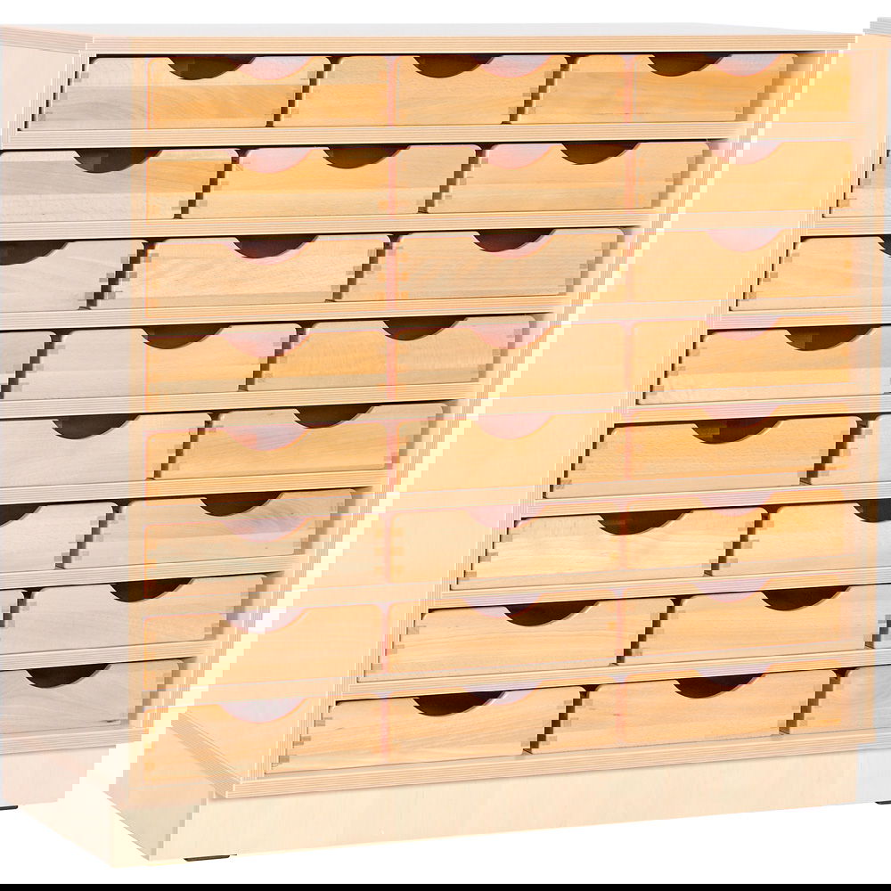 Flexi Schrank M, auf Sockel + 24 Holzbehälter flach, Buche (Flexi 6)