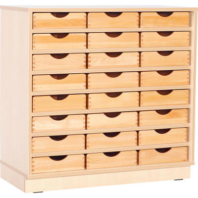Flexi Schrank M, auf Sockel + 24 Holzbehälter flach, Buche (Flexi 6)