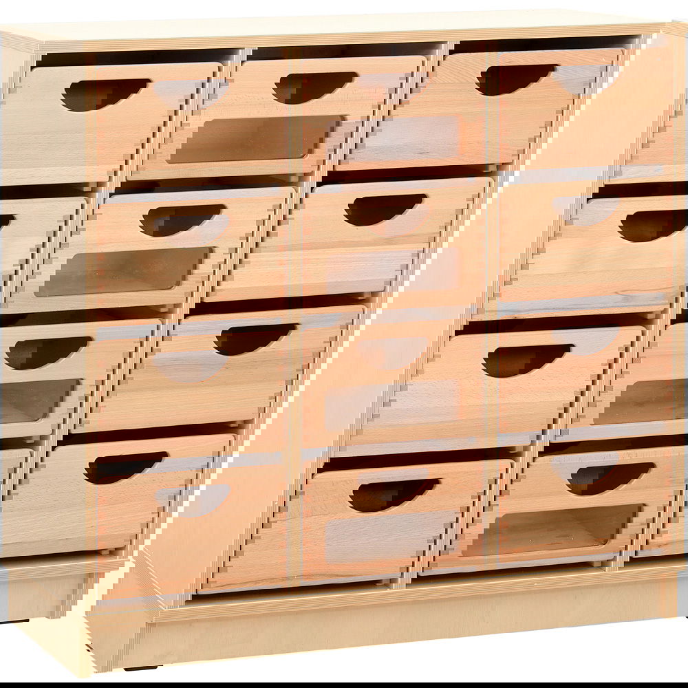 Kindergarten-Schrank M mit 2 Trennwänden - auf Sockel + 12 Behälter (4 mit/8 ohne Sichtfenster) (Flexi 7)