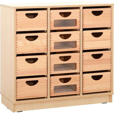 Kindergarten-Schrank M mit 2 Trennwänden – auf Sockel + 12 Behälter (4 mit/8 ohne Sichtfenster) (Flexi 7)