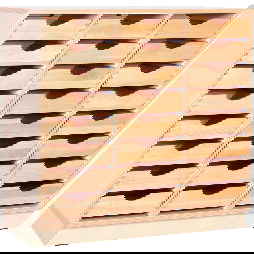 Flexi Schrank M mit 2 Trennwänden, auf Sockel + 24 Holzbehälter flach, Buche (Flexi 53)