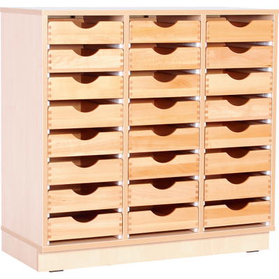 Flexi Schrank M mit 2 Trennwänden, auf Sockel + 24 Holzbehälter flach, Buche (Flexi 53)