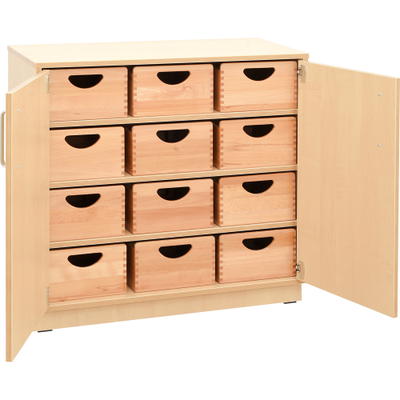 Kindergarten-Schrank M – auf Sockel + 12 Behälter und Türen (Flexi 56)