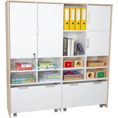 Mehrfunktionen-Schrank XL mit 2 breiten Rollbehältern, Breite: 154 cm, weiß - geschlossen (Quadro 47-180°)