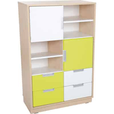 Kombischrank L mit 4 schmalen Schubladen und 2 kleinen Türen - Breite: 79 cm - Ahorn - weiß/limone (Quadro 49-180°)