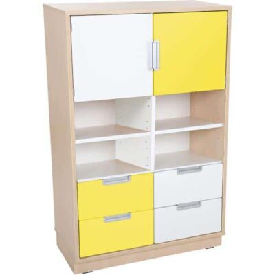 Kombischrank L mit 4 schmalen Schubladen und 2 kleinen Türen - Breite: 79 cm - Ahorn - weiß/gelb (Quadro 50-180°)