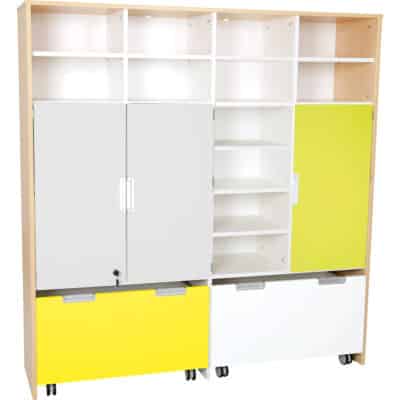 Mehrfunktionen-Schrank XL mit 2 breiten Rollbehältern - Breite: 154 cm - weiß/gelb (Quadro 63-180°)