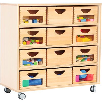 Kindergarten-Schrank M - auf Rollen + 12 Behälter (8 mit/4 ohne Sichtfenster) (Flexi 5)