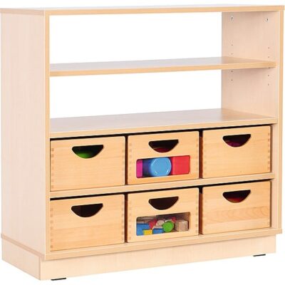 Kindergarten-Schrank M - halboffen - auf Sockel + 6 Behälter (2 mit/4 ohne Sichtfenster) (Flexi 4)