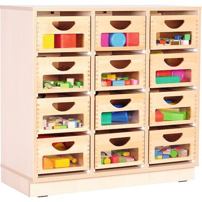 Kindergarten-Schrank M mit 2 Trennwänden - auf Sockel + 12 Behälter mit Sichtfenster (Flexi 8)