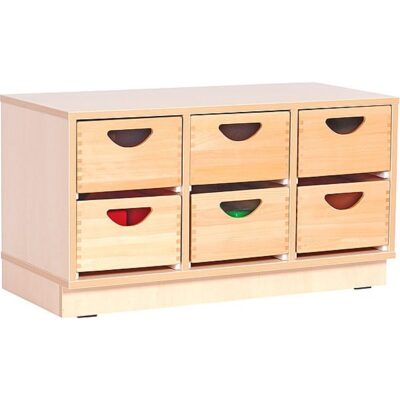 Kindergarten-Schrank S mit 2 Trennwänden - auf Sockel + 12 Holzschubladen (Flexi 54)