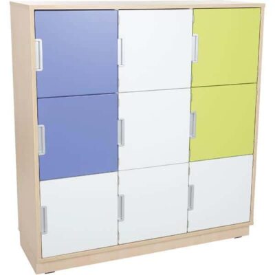 Schrank L mit 9 Türen - Breite: 116 cm - Ahorn - weiß/blau/limone (Quadro 38-180°)