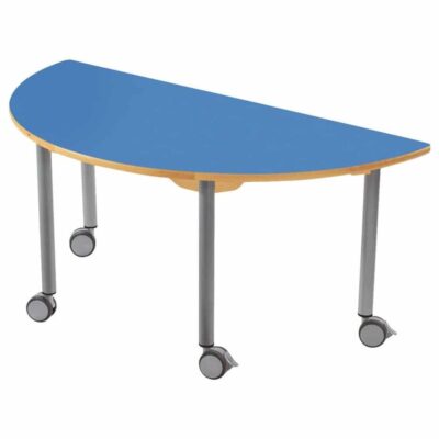 Tisch halbrund 120x60 cm - mit beschichteter Tischplatte mit Beinen aus grauem Metall und Rollrädern