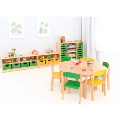 Tisch sechseckig mit Stühlen - HPL Buche - Sitzhöhe: 26 cm