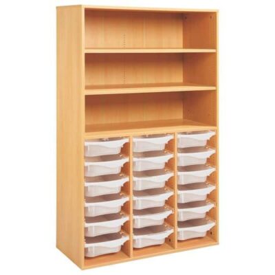 Regal mit Melaminbeschichtung mit 18 Behälter auf Schienen- 3 Regalbretter - Höhe: 162 cm - Länge: 105 cm