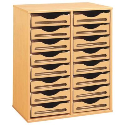 Regal mit Melaminbeschichtung mit 16 Holzbehälter auf Schienen - Höhe: 102 cm - Länge: 70,5 cm