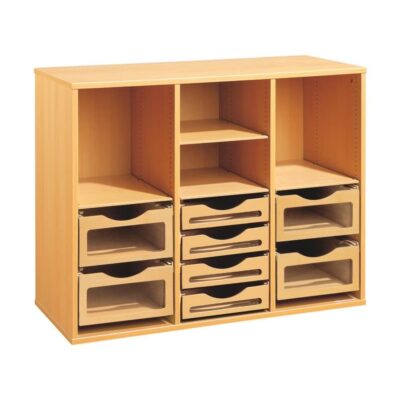 Regal mit Melaminbeschichtung mit 8 Holzbehälter auf Schienen - 4 Regalbretter - Höhe: 81 cm - Länge: 105 cm