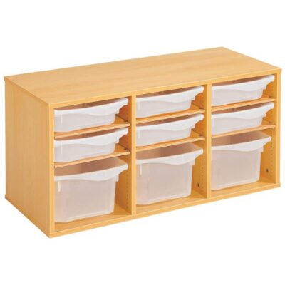 Regal mit Melaminbeschichtung mit 9 Behälter - 6 Regalbretter - Höhe: 51 cm - Länge: 105 cm