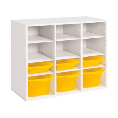 Regal mit Melaminbeschichtung mit 6 Behälter - 9 Regalbretter - Höhe: 81 cm - Länge: 105 cm