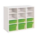 Regal mit Melaminbeschichtung mit 6 Behälter – 9 Regalbretter – Höhe: 81 cm – Länge: 105 cm - schrank dreifach h 81 cm set materialkasten 6 behalter 9 bucherbretter4