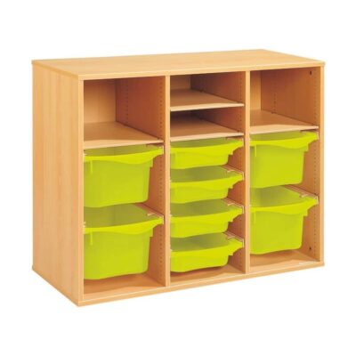 Regal mit Melaminbeschichtung mit 8 Behälter auf Schienen - 4 Regalbretter - Höhe: 81 cm - Länge: 105 cm