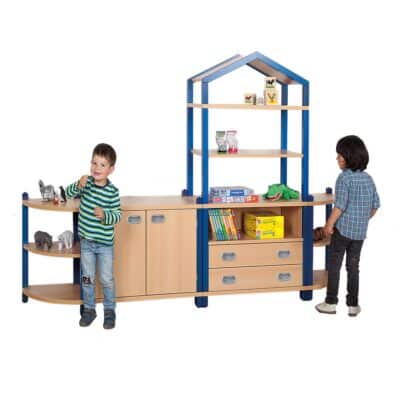 "LEON" Stollenregalsystem mit Dachaufsatz, Schränken und Viertelkreisecke