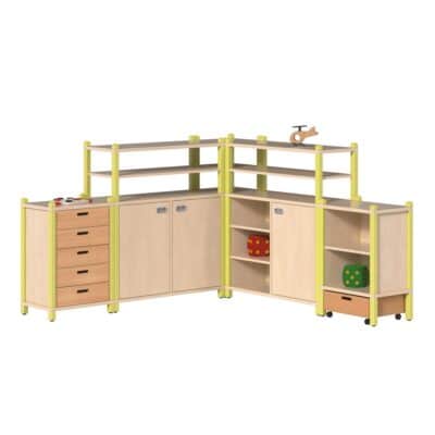 Stollen-Fertigregalsystem "Luca" mit Türen und Massivholzschüben