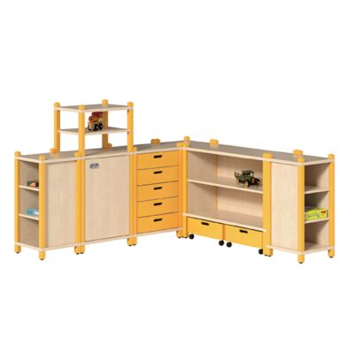 OLE Regalsystem mit 5 Massivholzschüben, 2 Rollkästen und Eckregalen