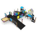 Große Behindertengeeignete Spielanlage mit 2 Rutschen, 2 Spieltürmen und Sandkasten WOODEN WD1506 - 05c6 wd15062s