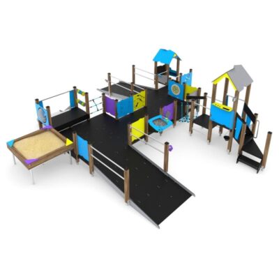 Große Behindertengeeignete Spielanlage mit 2 Rutschen, 2 Spieltürmen und Sandkasten WOODEN WD1506
