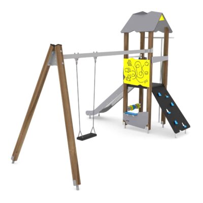 Spielturm mit Rutsche, Kletteraufstieg und Schaukel WOODEN WD1438