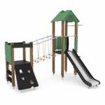 Spielturm mit Rutsche, Feuerwehrstange, Kletternetz, Kletterwand und Hängebrücke – WOODEN WD1408 - 0e02 wd1408c11s