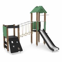 Spielturm mit Rutsche, Feuerwehrstange, Kletternetz, Kletterwand und Hängebrücke - WOODEN WD1408 – Bild 3