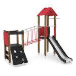 Spielturm mit Rutsche, Feuerwehrstange, Kletternetz, Kletterwand und Hängebrücke – WOODEN WD1408 - 0ebe wd1408c21s