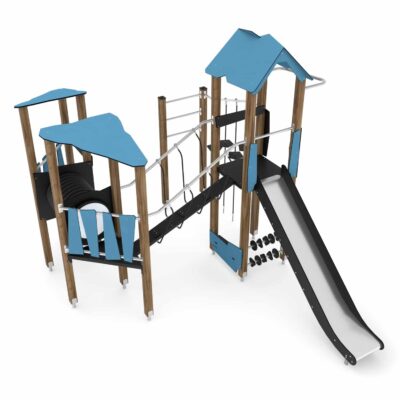 Spieltürme mit Rutsche, Kletterelementen, Kriechrohr und Brücke WOODEN WD1409