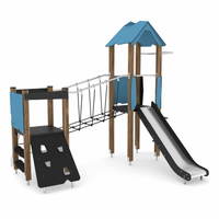 Spielturm mit Rutsche, Feuerwehrstange, Kletternetz, Kletterwand und Hängebrücke - WOODEN WD1408 – Bild 5