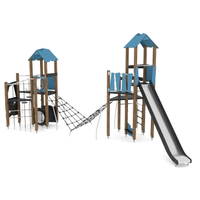 2 Spieltürme mit Kletternetz, Rutsche und Kriechrohr WOODEN WD1454 – Bild 5