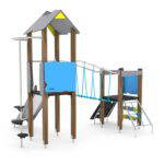 Spielturm mit Rutsche, Feuerwehrstange, Kletternetz, Kletterwand und Hängebrücke – WOODEN WD1408 - 2639 wd14082s