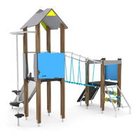 Spielturm mit Rutsche, Feuerwehrstange, Kletternetz, Kletterwand und Hängebrücke - WOODEN WD1408 – Bild 2