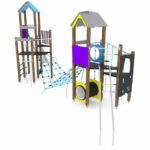2 Spieltürme mit Kletternetz, Rutsche und Kriechrohr WOODEN WD1454 - 2cda wd14542s