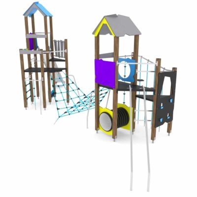 2 Spieltürme mit Kletternetz, Rutsche und Kriechrohr WOODEN WD1454