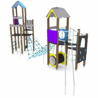 2 Spieltürme mit Kletternetz, Rutsche und Kriechrohr WOODEN WD1454