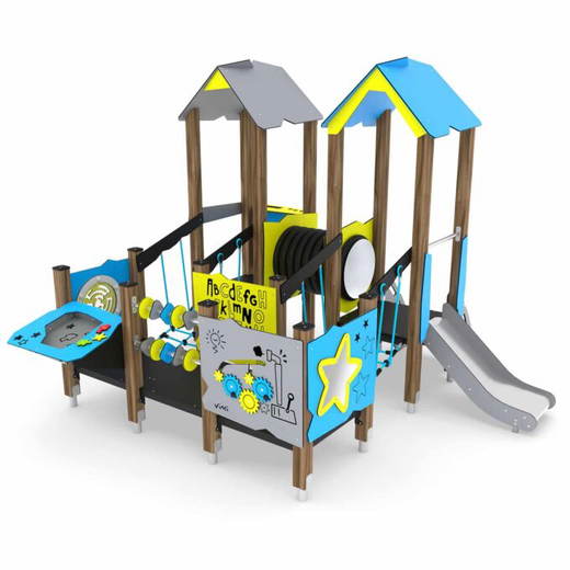 2e6a-wd15031s U3-Spielturm mit Rutsche, Treppe, Kriechrohr und Motorik-Elementen – WOODEN WD1503 - 2e6a wd15031s