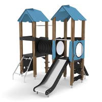 Spielturm mit Rutsche, Feuerwehrstange, Kletternetz, Kletterwand und Kriechrohr - WOODEN WD1407 – Bild 7