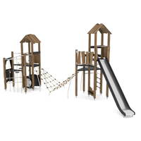 2 Spieltürme mit Kletternetz, Rutsche und Kriechrohr WOODEN WD1454 – Bild 6