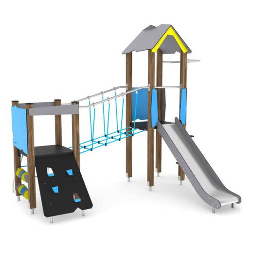 3931-wd14081s Spielturm mit Rutsche, Feuerwehrstange, Kletternetz, Kletterwand und Hängebrücke – WOODEN WD1408 - 3931 wd14081s