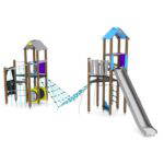 2 Spieltürme mit Kletternetz, Rutsche und Kriechrohr WOODEN WD1454 - 3d78 wd14541s