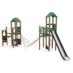 2 Spieltürme mit Kletternetz, Rutsche und Kriechrohr WOODEN WD1454 - 472f wd1454c11s
