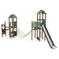 2 Spieltürme mit Kletternetz, Rutsche und Kriechrohr WOODEN WD1454 – Bild 3
