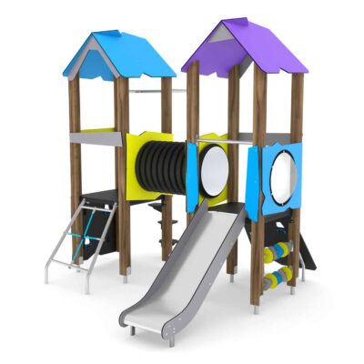 Spielturm mit Rutsche, Feuerwehrstange, Kletternetz, Kletterwand und Kriechrohr - WOODEN WD1407